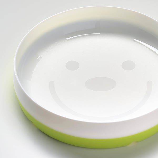 SMÅGLI kids plate: durable pctg plastic, green & white, non-slip base, cheerful face design.