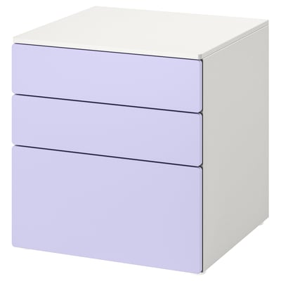 A white and lavender kids chest of drawers. It three drawers in a cube shape with a modern design, ideal for storage.