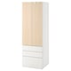 A white and light wooden smastad wardrobe with drawers. It has a tall, narrow design, ideal for small spaces, with soft-closing doors and drawers.