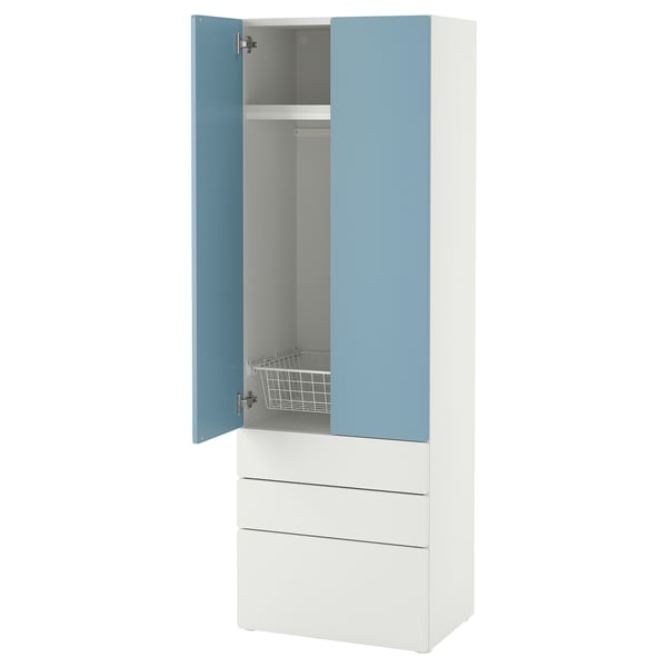 A SMÅSTAD wardrobe in light blue and white, featuring soft-closing doors and drawers, with a storage basket inside.