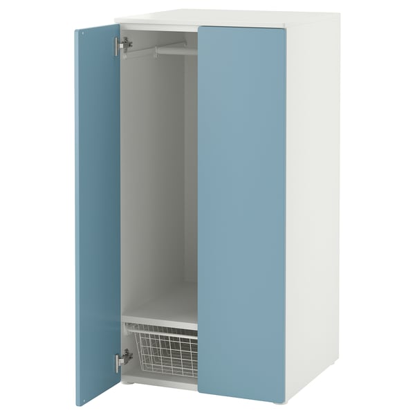 SMÅSTAD wardrobe, light blue, white top, adjustable shelves, soft-close doors, steel hardware.