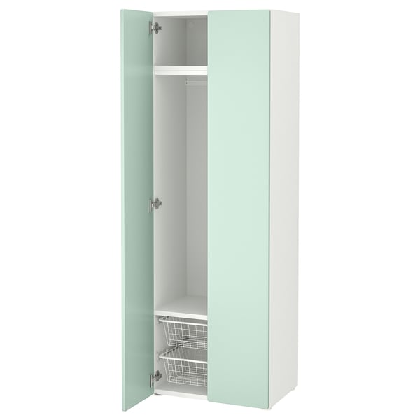 SMÅSTAD wardrobe in light green with white interior, adjustable shelves, and soft-closing doors.