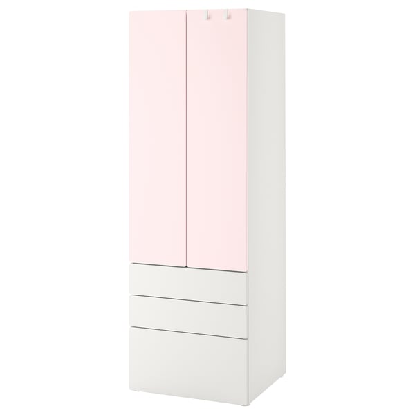 A SMÅSTAD wardrobe, white with pink doors, sleek design, and storage compartments, including drawers and shelves.