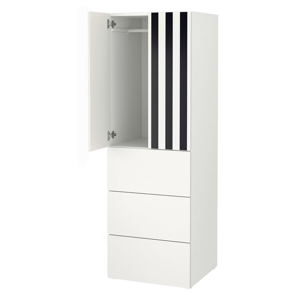SMÅSTAD white wardrobe, black-white striped doors, drawers, adjustable height.