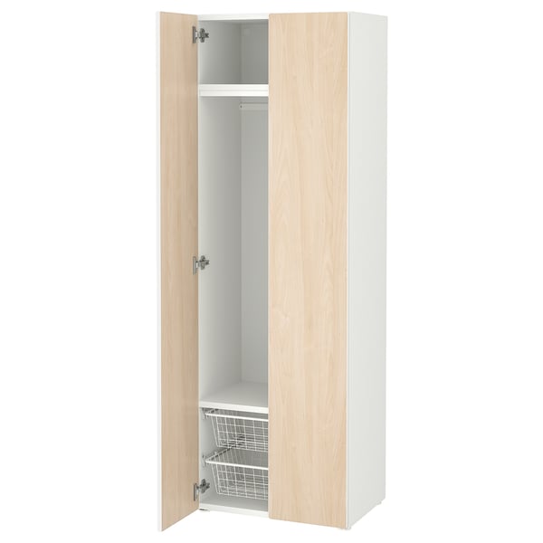 An open SMÅSTAD wardrobe in white and light wood. It has two shelves and a hanging rail, perfect for organising clothes.