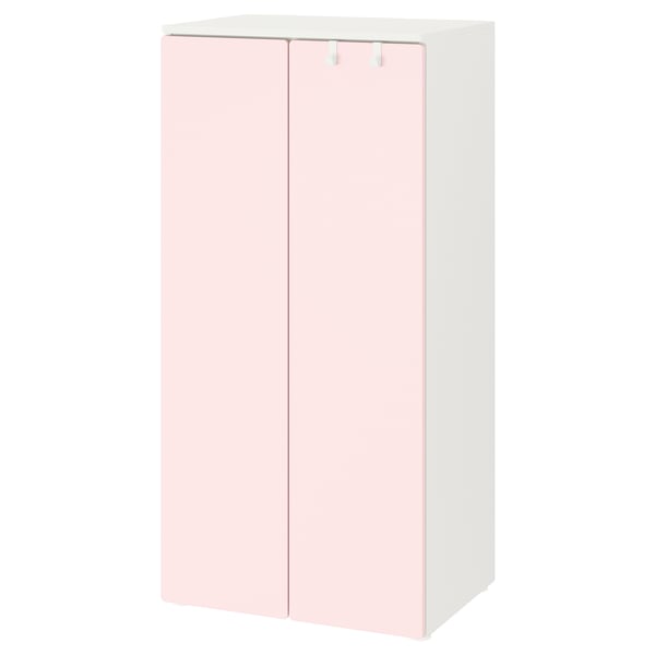 A white and light pink SMÅSTAD wardrobe for children, featuring adjustable and soft-closing doors, perfect for a childs room.
