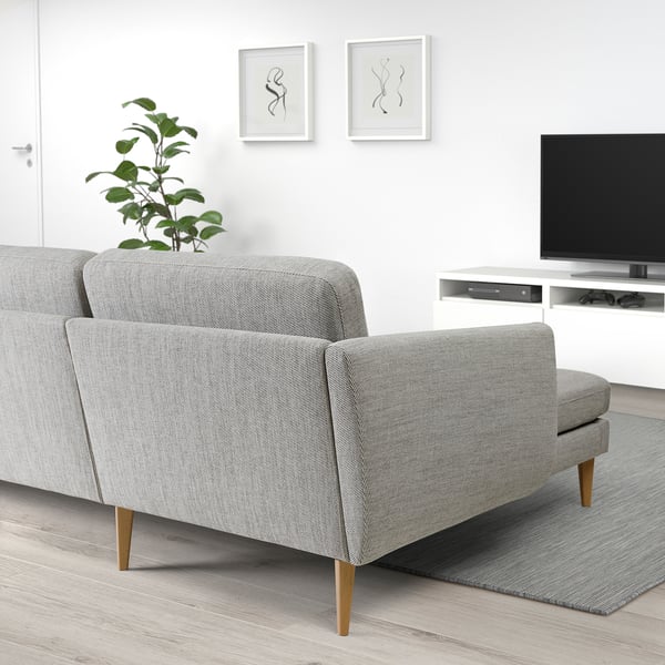SMEDSTORP 4-seat sofa with chaise longue, Viarp/beige/brown oak