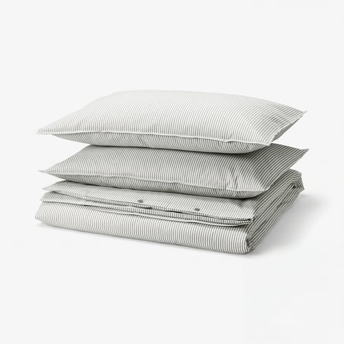 SOLFIBBLA Duvet cover and 2 pillowcases, grey white/stripe, 240x220/50x80 cm