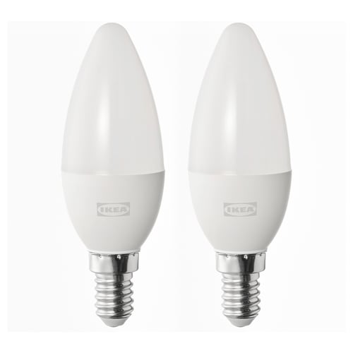 Two white ikea led bulbs, frosted, standing side by side.