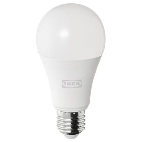 Ikea SOLHETTA bulb, white, plastic, round shape, simple design.