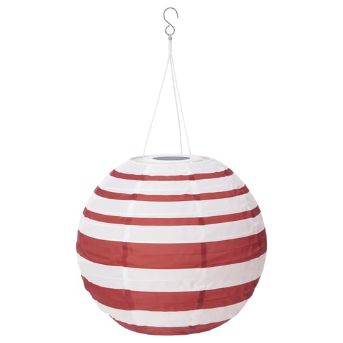 SOLVINDEN red-white striped solar lamp. Circular shape with horizontal stripes.