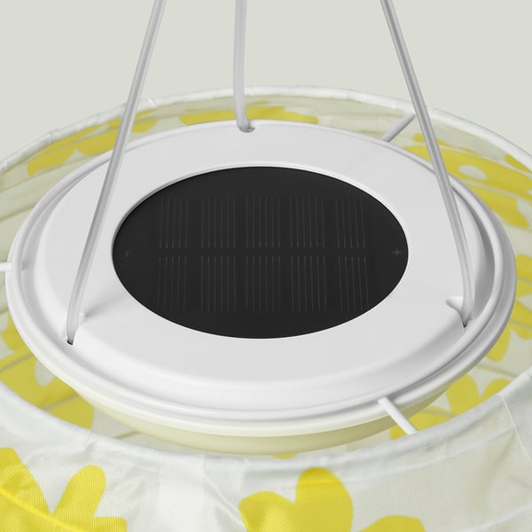 SOLVINDEN LED solar-powered pendant lamp, outdoor globe/yellow flower, 22 cm