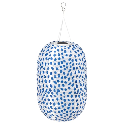 SOLVINDEN hanging lantern, blue dotted on white, solar-powered, recycled polyester, barrel shape.