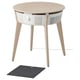 Modern IKEA air purifier with wood top, white base, perforated details, angled legs, removable black philtre.