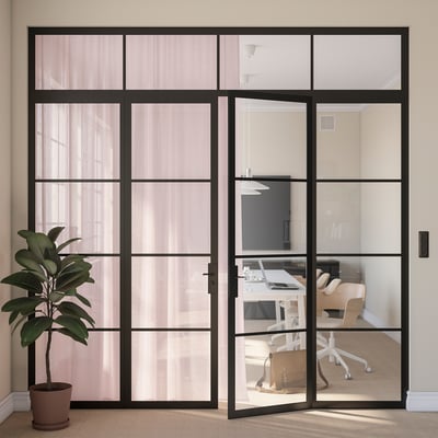 Modern office with large STENFRÖ sheer pink curtains, potted plant, sleek furniture. Curtains softly diffuse light, enhancing room ambiance.