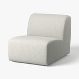 Modern, curved armless chair in light grey tweed, offering a minimalist and comfortable design.