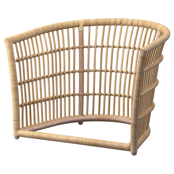 The STOCKHOLM 2025 wicker chair in natural colour, made of rattan, with a round shape and intricate design.
