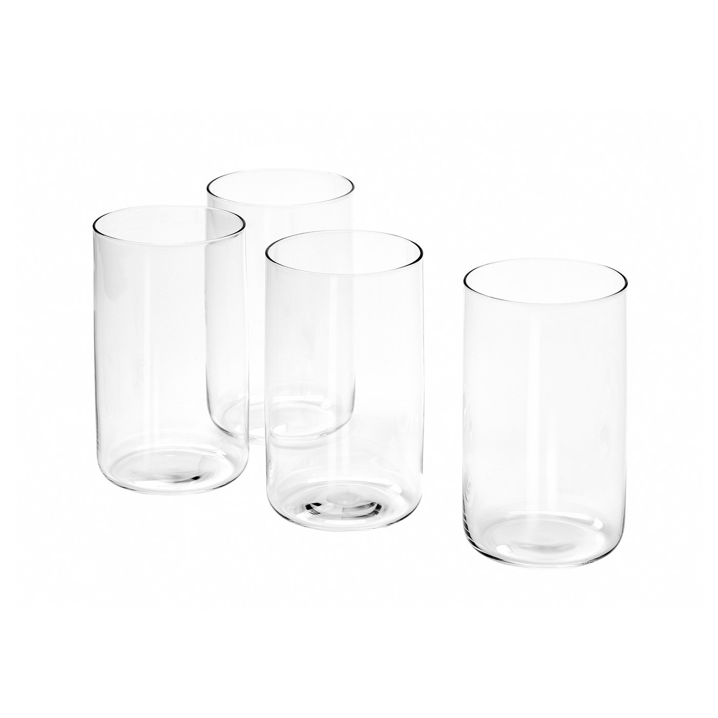 Set of four transparent, mouth-blown glass cups with sleek, straight design, part of the STOCKHOLM 2025 collection.