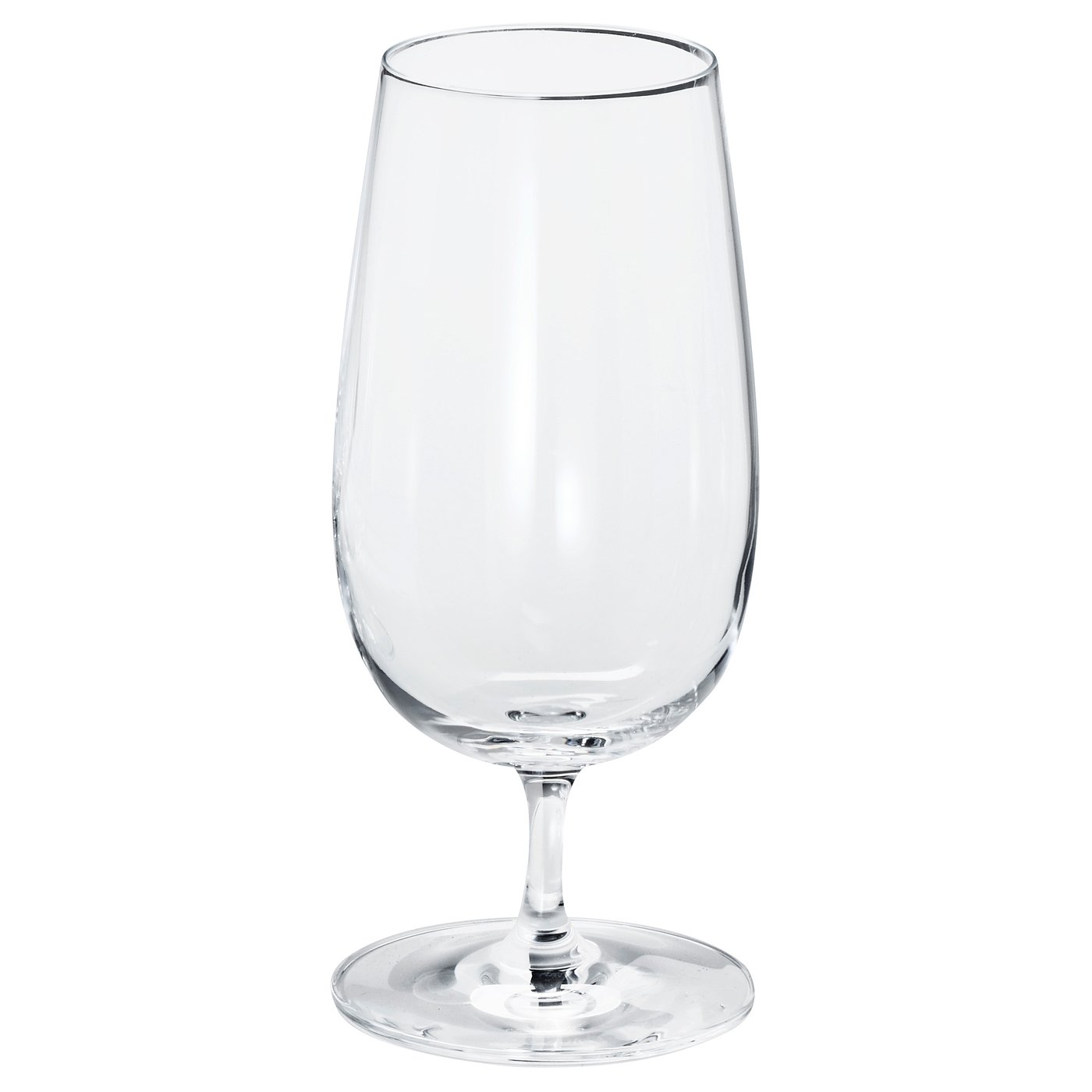 Single empty, clear wine glass with long stem and wide bowl, standing upright.