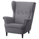STRANDMON grey childrens armchair, high back, rounded armrests, soft fabric, sturdy wooden legs.