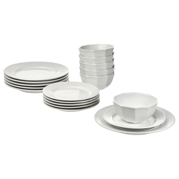 White STRIMMIG ceramic tableware set: plates, bowls, cups, stoneware, smooth design.