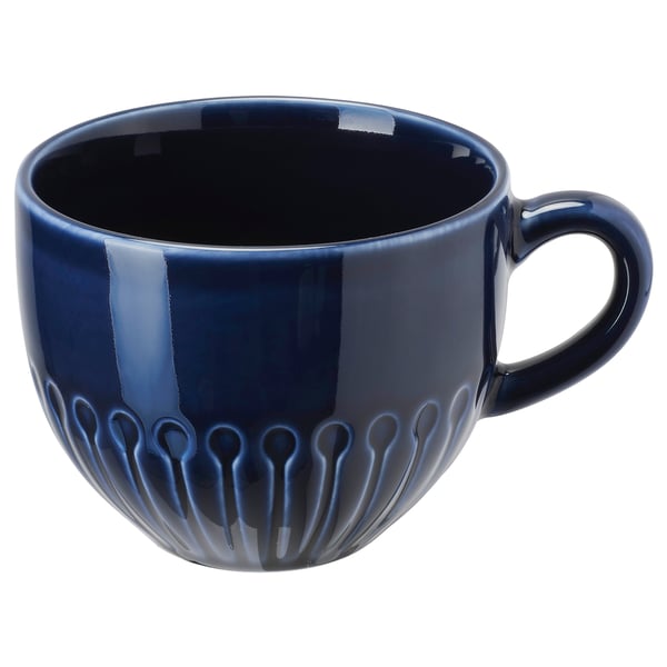 STRIMMIG mug, navy blue, ceramic, rounded shape, flower pattern.