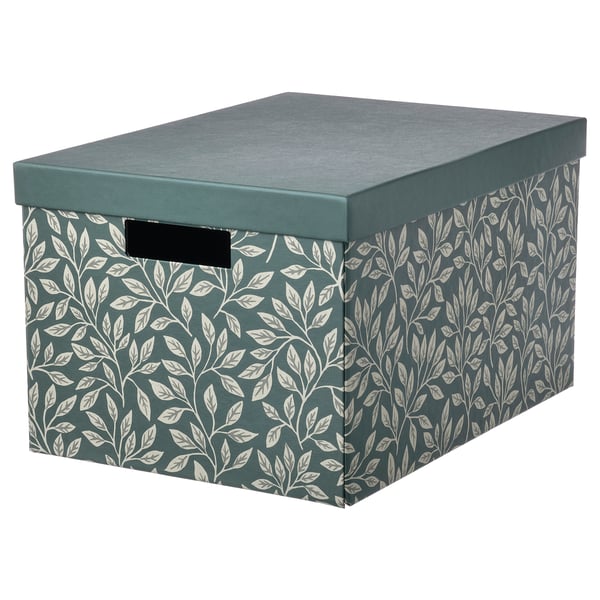 STUTERI Storage box with lid, green/leaf pattern, 25x35x20 cm IKEA