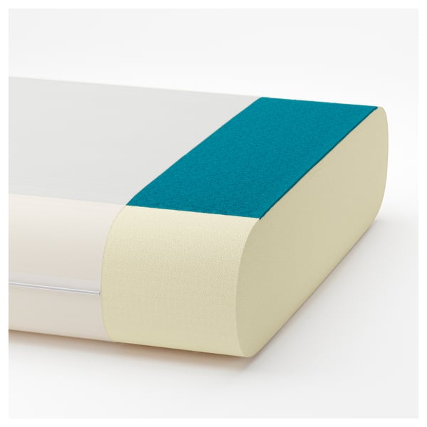 A teal and white ergonomic pillow with memory foam and a cooling gel layer, designed for back or side sleepers.
