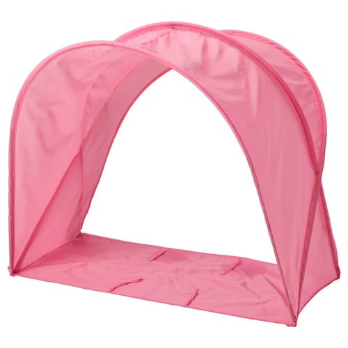 Bright pink, arched bed tent for kids, made of polyester, creates cosy, private sleep space.