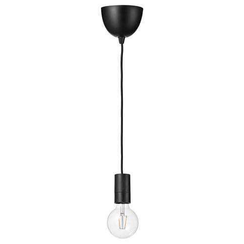 Black pendant lamp with exposed bulb.