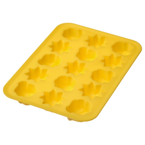 Bright yellow SURSÖT ice tray with 16 star-shaped moulds for summer drinks. Made of flexible thermoplastic elastomer.