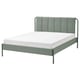Modern green-gray bed with striped headboard and metal frame.