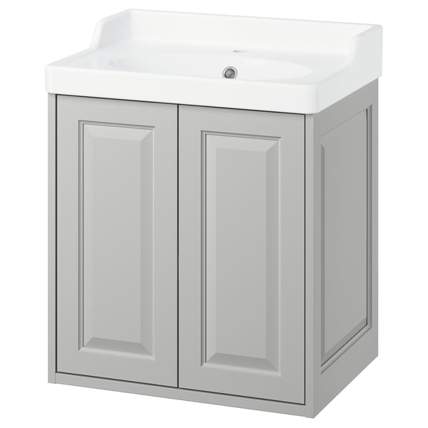 TÄNNFORSEN white vanity, light grey, dual doors, rectangular shape, ceramic basin, wall-mountable.