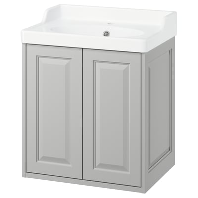 TÄNNFORSEN white vanity, light grey, dual doors, rectangular shape, ceramic basin, wall-mountable.