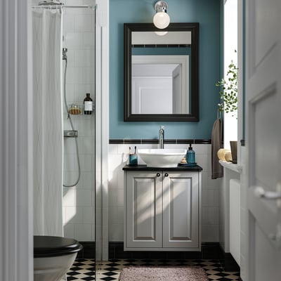 TÄNNFORSEN / VÄSTERSJÖN Wash-stnd w doors/wash-basin, light grey/black marble effect, 62x49x79 cm