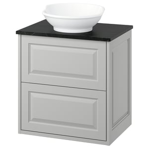 TÄNNFORSEN light grey bathroom cabinet with black marble counter, sink.