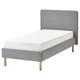 TÄRNKULLEN bed in grey fabric with wooden legs and a white mattress.