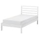 White TARVA bed, simple design, pine wood, metal screws, slatted base, clean aesthetic.