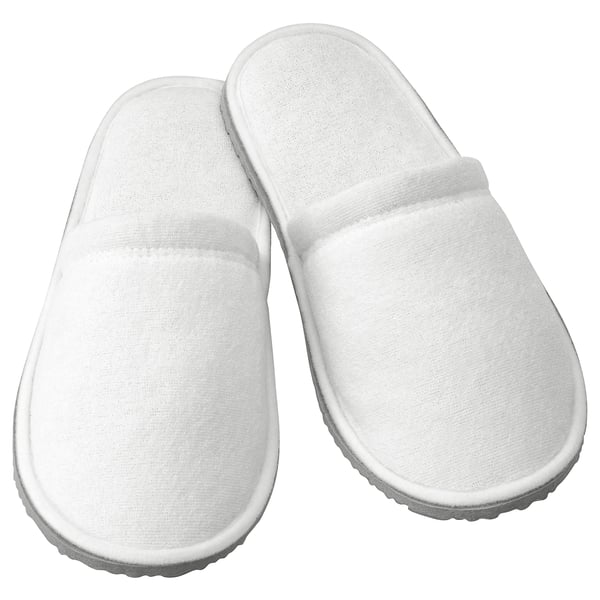 White TÅSJÖN slippers, cosy, textured soles for grip.