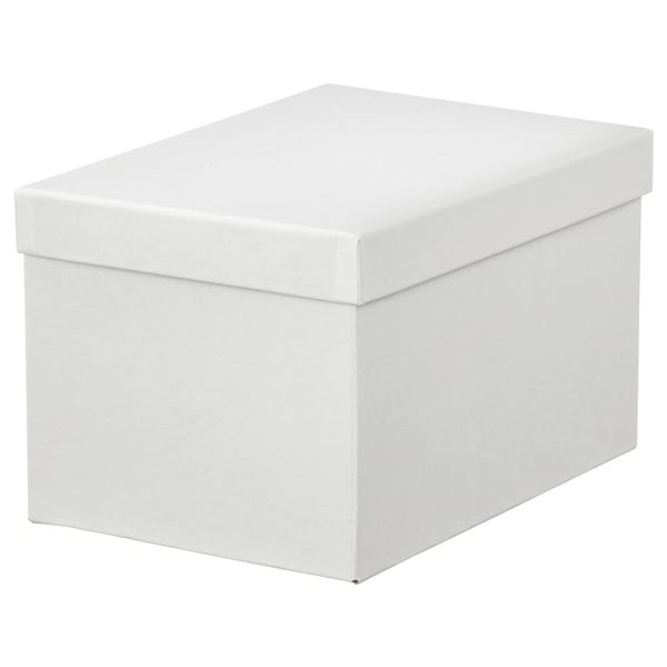 White TJENA storage box. Rectangular shape, plain design, made from recycled paperboard.