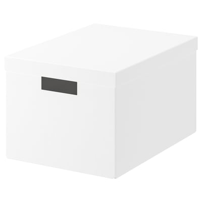 A white TJENA storage box with a paperboard handle, perfect for organising desk items.