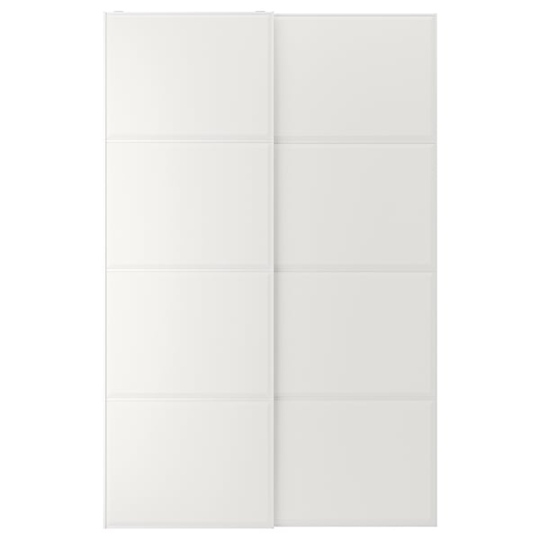 White TJÖRHOM sliding wardrobe doors with soft-close feature. Made from aluminium and fibreboard, offering a timeless design.