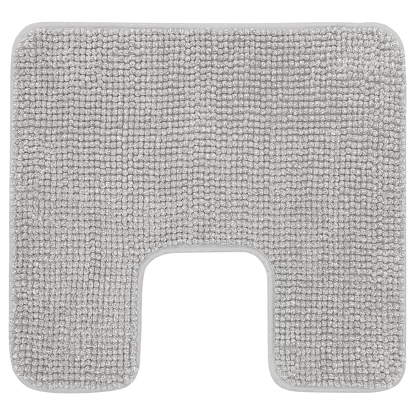 A TOFTBO bath mat in grey. It is rectangular with a cutout in the middle, made of soft, absorbent microfiber polyester.