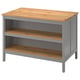 TORNVIKEN kitchen island, grey & oak, rectangular, open shelves, rustic design.