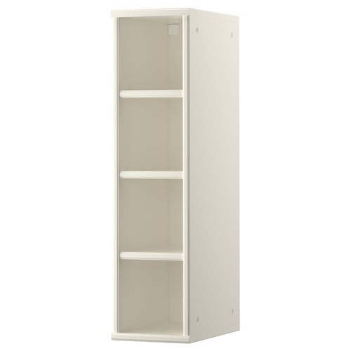A TORNVIKEN white, open kitchen cabinet with three shelves made of fibreboard. Its minimalist design maximises storage efficiency in narrow spaces.