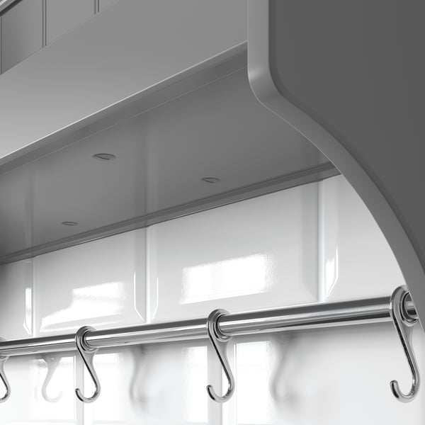 Modern kitchen shelf with hooks, made of acrylic-painted fiberboard with durable nickel-plated railings.