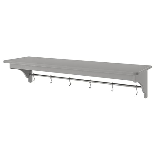 TORNVIKEN silver wall shelf with hooks, made of steel and fibreboard, neatly organised and stylish.