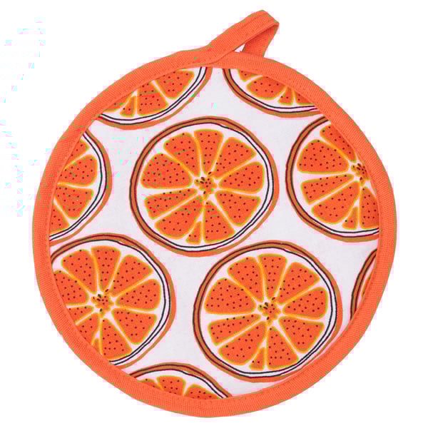Bright orange potholder with a white background, featuring circular fruit slices, circular shape, loop at top.