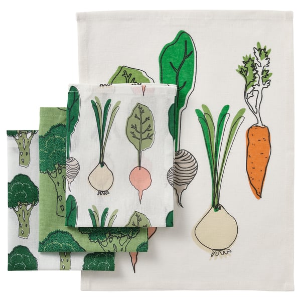 Illustrated kitchen towel set, TORVFLY, green veggies, cotton, square, whimsical veggies.