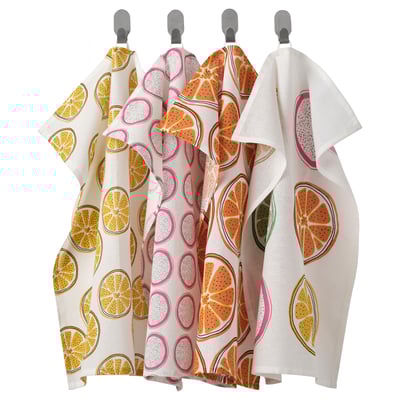 Four citrus print towels hang in a row, featuring lemon and orange slices.